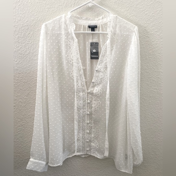 torrid Tops - Chiffon Clip Dot Ruffle Neck Tie Front Top Sheer White Embroidered | Torrid